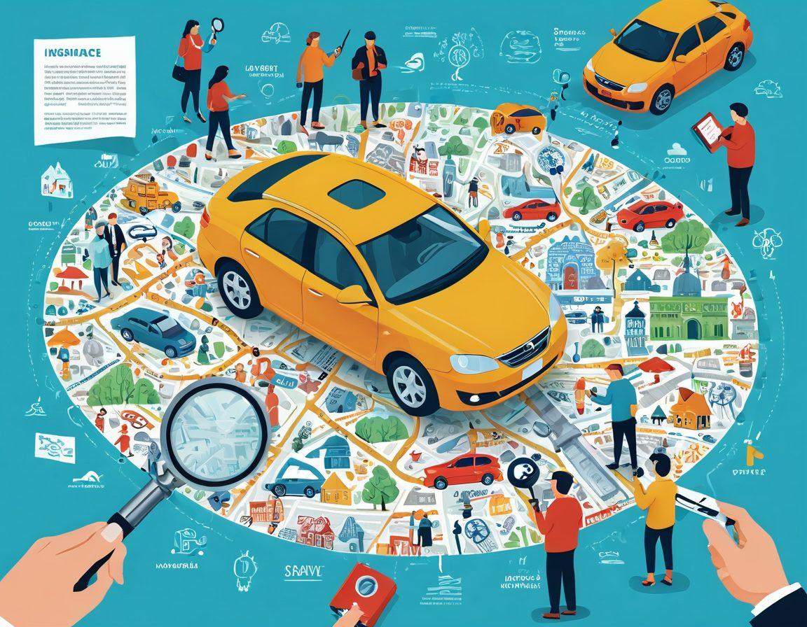 A visually engaging illustration of a car key unlocking a large, intricate lock made up of various insurance terms like 'affordable', 'coverage', and 'savings'. In the background, depict a diverse group of people exploring a city map with a magnifying glass, symbolizing their search for low-cost auto insurance. Bright and optimistic atmosphere with dynamic colors to inspire hope and adventure. vector art. vibrant colors.