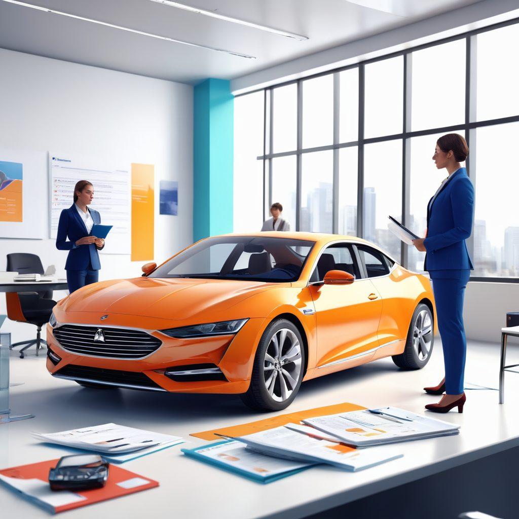 A visually engaging scene representing the concept of auto indemnity, featuring a diverse group of people consulting a car insurance advisor in a bright, modern office. Include elements such as car models, insurance documents, calculators, and charts depicting smart choices. Emphasize a sense of collaboration and clarity in decision-making. vibrant colors. 3D.