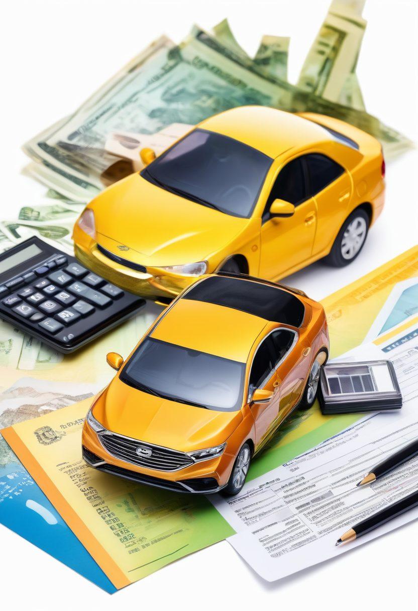 A collage of essential vehicle elements, including a shiny car, a calculator displaying savings, insurance documents, and a happy family. The background features a sunlit road symbolizing freedom and financial security. Incorporate vibrant colors to evoke positivity and trust. The composition conveys themes of savings and protection in vehicle coverage. super-realistic. vibrant colors. white background.